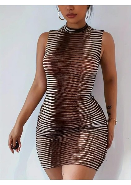 Kadın Sıfır Kol Desenli Mini Bodycon Dalgıç Elbise fırsatları