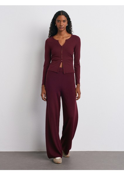 70163 Beli Lastikli Yünlü Triko Pantolon-Bordo M.