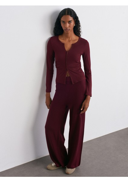 70163 Beli Lastikli Yünlü Triko Pantolon-Bordo M. modelleri