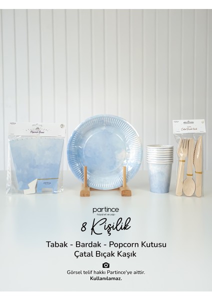 Pastel Mavi Renk Kullan At Tabak-Bardak-Çatal Kaşık Bıçak- Popcorn Kutusu 8 Kişilik Parti Seti Mavi Cinsiyet Partisi Tabak Seti