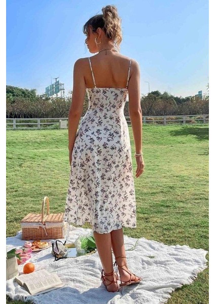 Kadın Ip Askılı Yakadan Bağcıklı Desenli Süprem Elbise modelleri