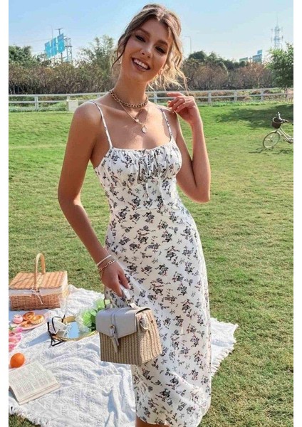 Kadın Ip Askılı Yakadan Bağcıklı Desenli Süprem Elbise fırsatları
