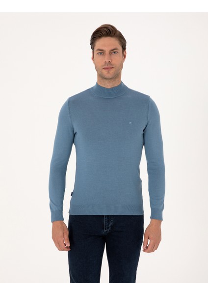 Erkek Mavi Slim Fit Yarım Balıkçı Yaka Basic Triko Kazak 50314176-VR036