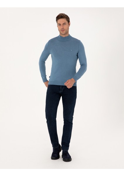 Erkek Mavi Slim Fit Yarım Balıkçı Yaka Basic Triko Kazak 50314176-VR036 fırsatları