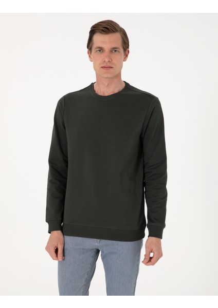 Erkek Koyu Yeşil 2 Iplik Regular Fit Bisiklet Yaka Basic Sweatshirt 50314054-VR079