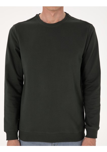 Erkek Koyu Yeşil 2 Iplik Regular Fit Bisiklet Yaka Basic Sweatshirt 50314054-VR079