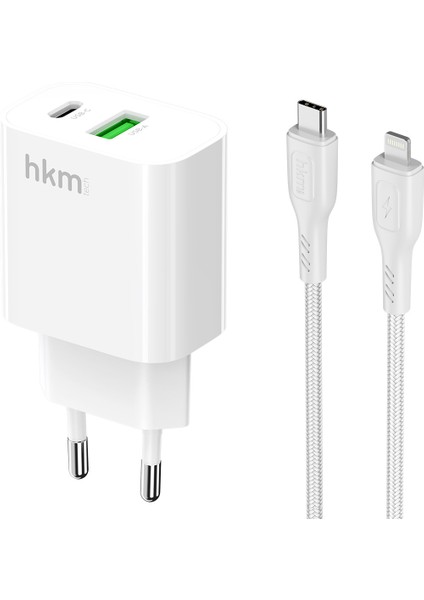 BOLT DUO 20W Usb-A ve Type-C Çift Portlu Hızlı Şarj Aleti, Lightning Kablo ve Adaptör Seti, Beyaz