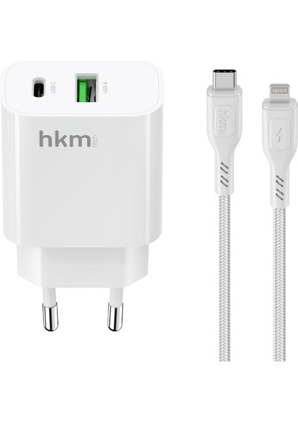 BOLT DUO 20W Usb-A ve Type-C Çift Portlu Hızlı Şarj Aleti, Lightning Kablo ve Adaptör Seti, Beyaz modelleri