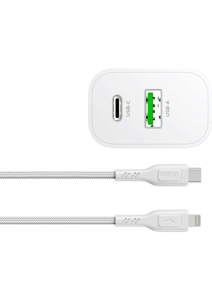 BOLT DUO 20W Usb-A ve Type-C Çift Portlu Hızlı Şarj Aleti, Lightning Kablo ve Adaptör Seti, Beyaz fırsatları