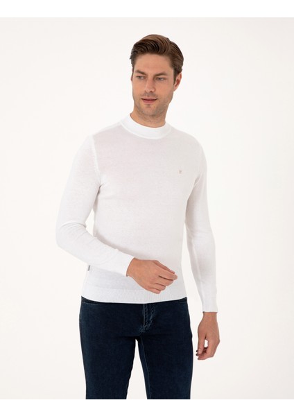 Erkek Ekru Slim Fit Çeyrek Yaka Basic Triko Kazak 50314188-VR019