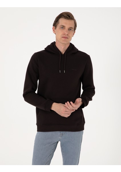 Erkek Koyu Kahverengi 2 Iplik Regular Fit Içi Polarlı Kapüşonlu Basic Sweatshirt 50314055-VR084
