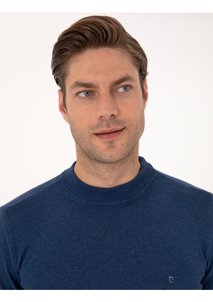 Erkek Indigo Melanj Slim Fit Çeyrek Yaka Basic Triko Kazak 50314188-VR155 fiyatları