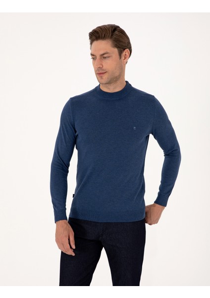 Erkek Indigo Melanj Slim Fit Çeyrek Yaka Basic Triko Kazak 50314188-VR155 modelleri