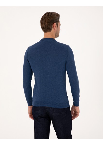 Erkek Indigo Melanj Slim Fit Çeyrek Yaka Basic Triko Kazak 50314188-VR155 indirimleri