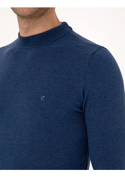 Erkek Indigo Melanj Slim Fit Çeyrek Yaka Basic Triko Kazak 50314188-VR155