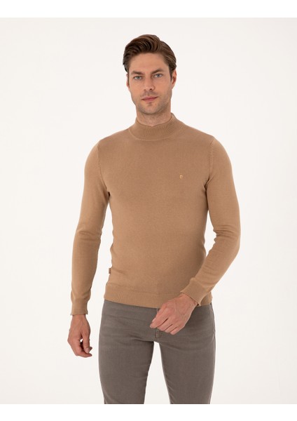 Erkek Camel Slim Fit Yarım Balıkçı Yaka Basic Triko Kazak 50314176-VR015