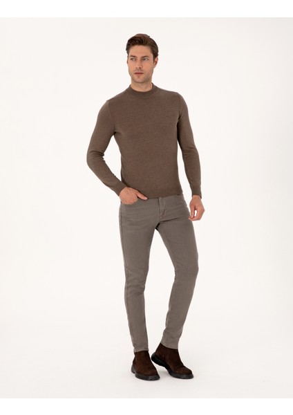 Erkek Vizon Melanj Slim Fit Çeyrek Yaka Basic Triko Kazak 50314188-VR174 fırsatları