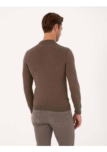 Erkek Vizon Melanj Slim Fit Çeyrek Yaka Basic Triko Kazak 50314188-VR174 indirimleri