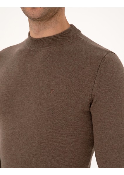 Erkek Vizon Melanj Slim Fit Çeyrek Yaka Basic Triko Kazak 50314188-VR174