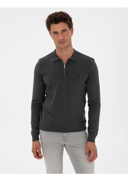 Erkek Antrasit Melanj Slim Fit Polo Yaka Fermuarlı Basic Triko Kazak 50314191-VR081