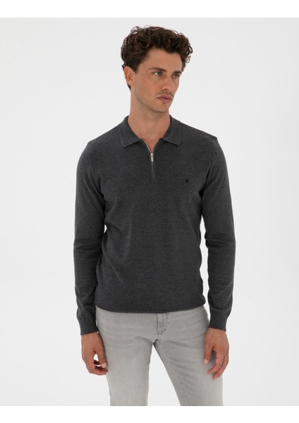 Erkek Antrasit Melanj Slim Fit Polo Yaka Fermuarlı Basic Triko Kazak 50314191-VR081 modelleri