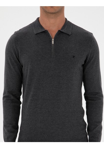 Erkek Antrasit Melanj Slim Fit Polo Yaka Fermuarlı Basic Triko Kazak 50314191-VR081