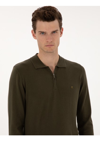 Erkek Haki Slim Fit Polo Yaka Fermuarlı Basic Triko Kazak 50314191-VR027 fiyatları