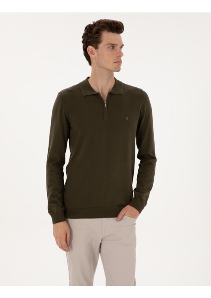 Erkek Haki Slim Fit Polo Yaka Fermuarlı Basic Triko Kazak 50314191-VR027 modelleri