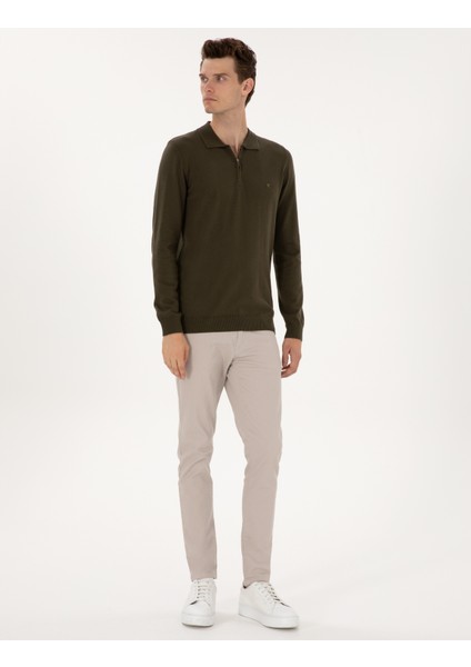 Erkek Haki Slim Fit Polo Yaka Fermuarlı Basic Triko Kazak 50314191-VR027 fırsatları