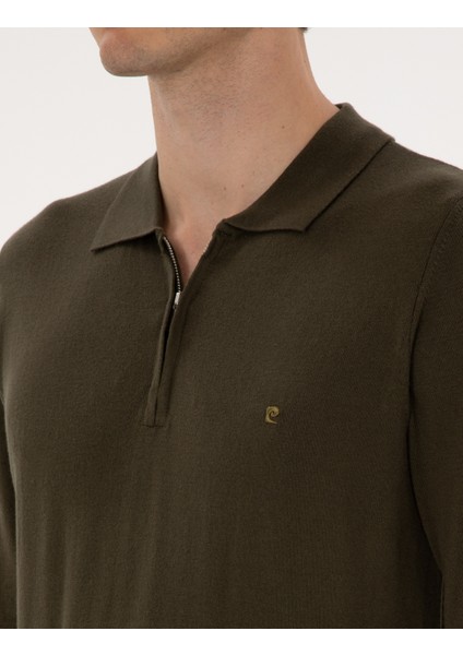 Erkek Haki Slim Fit Polo Yaka Fermuarlı Basic Triko Kazak 50314191-VR027