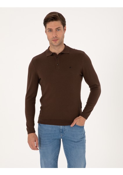 Erkek Kahverengi Slim Fit Polo Yaka Basic Triko Kazak 50314189-VR029