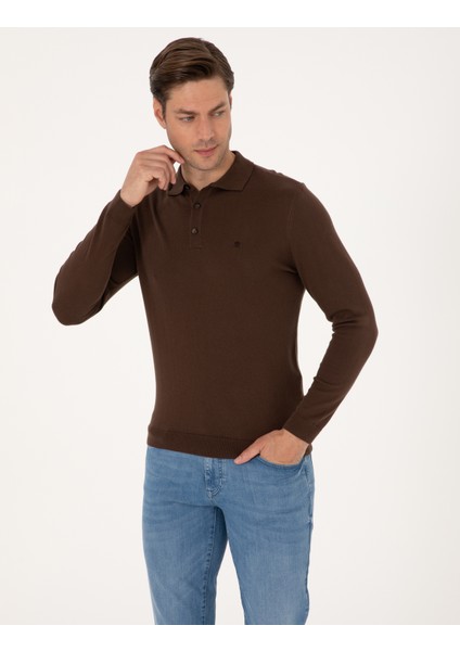 Erkek Kahverengi Slim Fit Polo Yaka Basic Triko Kazak 50314189-VR029 modelleri