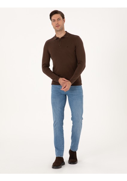 Erkek Kahverengi Slim Fit Polo Yaka Basic Triko Kazak 50314189-VR029 fırsatları