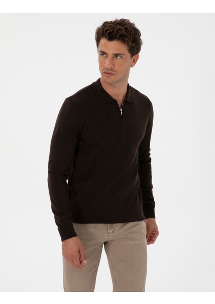 Erkek Koyu Kahverengi Slim Fit Polo Yaka Fermuarlı Basic Triko Kazak 50314191-VR084