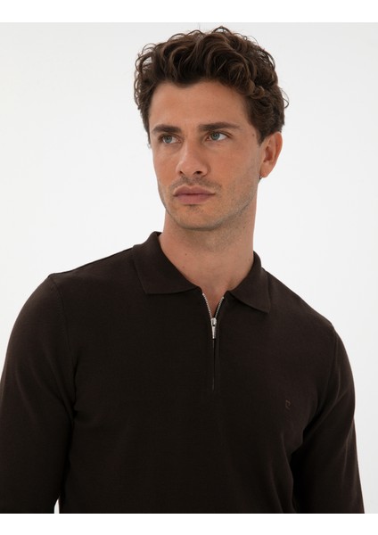 Erkek Koyu Kahverengi Slim Fit Polo Yaka Fermuarlı Basic Triko Kazak 50314191-VR084 fiyatları