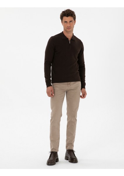 Erkek Koyu Kahverengi Slim Fit Polo Yaka Fermuarlı Basic Triko Kazak 50314191-VR084 fırsatları