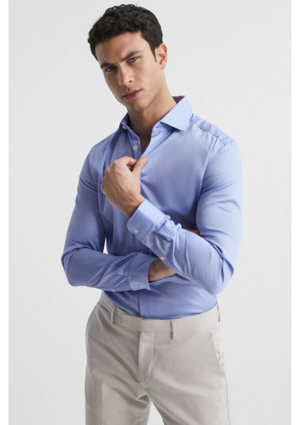 Erkek Mavi %100 Pamuk Saten Non-Iron Ütü Istemeyen Casual Cepsiz Modern Fit Gömlek