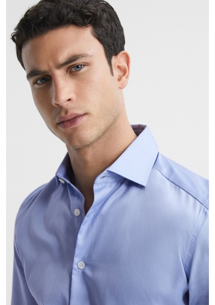 Erkek Mavi %100 Pamuk Saten Non-Iron Ütü Istemeyen Casual Cepsiz Modern Fit Gömlek fiyatları