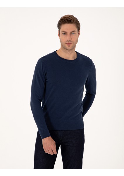Erkek Açık Lacivert Slim Fit Bisiklet Yaka Basic Triko Kazak 50314192-VR059
