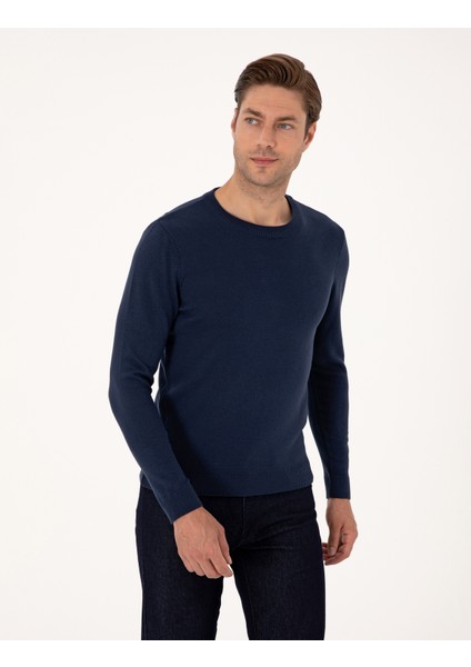 Erkek Açık Lacivert Slim Fit Bisiklet Yaka Basic Triko Kazak 50314192-VR059 modelleri