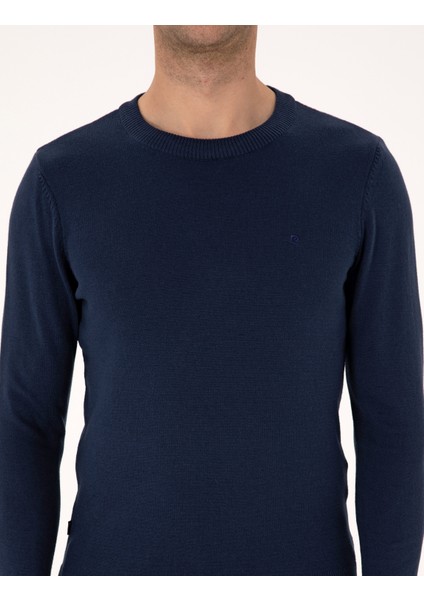 Erkek Açık Lacivert Slim Fit Bisiklet Yaka Basic Triko Kazak 50314192-VR059