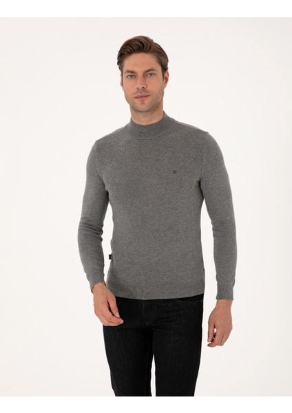 Erkek Gri Melanj Slim Fit Yarım Balıkçı Yaka Basic Triko Kazak 50314176-VR086