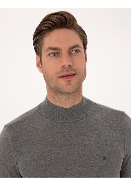 Erkek Gri Melanj Slim Fit Yarım Balıkçı Yaka Basic Triko Kazak 50314176-VR086 fiyatları