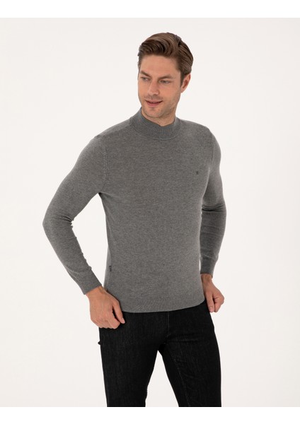 Erkek Gri Melanj Slim Fit Yarım Balıkçı Yaka Basic Triko Kazak 50314176-VR086 modelleri