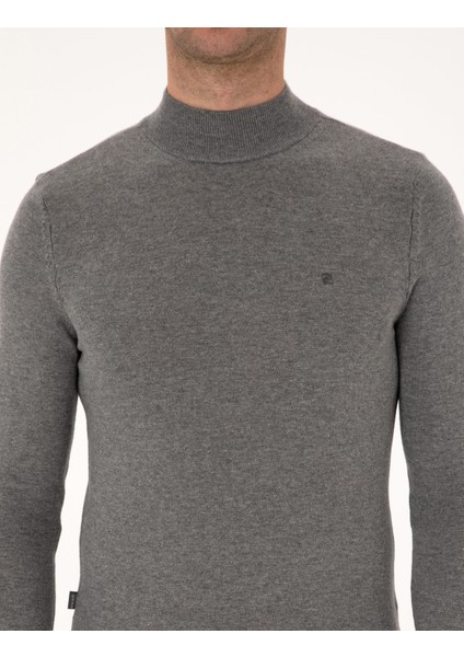 Erkek Gri Melanj Slim Fit Yarım Balıkçı Yaka Basic Triko Kazak 50314176-VR086