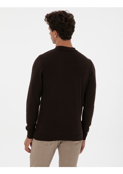Erkek Koyu Kahverengi Slim Fit Polo Yaka Fermuarlı Basic Triko Kazak 50314191-VR084 indirimleri