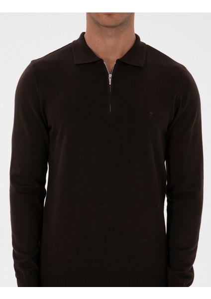 Erkek Koyu Kahverengi Slim Fit Polo Yaka Fermuarlı Basic Triko Kazak 50314191-VR084