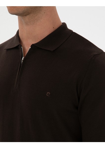 Erkek Koyu Kahverengi Slim Fit Polo Yaka Fermuarlı Basic Triko Kazak 50314191-VR084