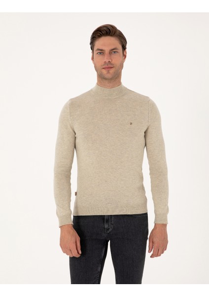 Erkek Kum Melanj Slim Fit Yarım Balıkçı Yaka Basic Triko Kazak 50314176-VR123