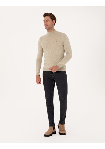 Erkek Kum Melanj Slim Fit Yarım Balıkçı Yaka Basic Triko Kazak 50314176-VR123 fırsatları